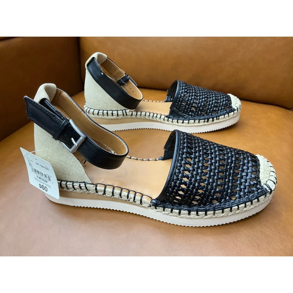 a.n.a Clara Espadrille Sandals Womens 9 Black New Woven Platform Ankle Strap